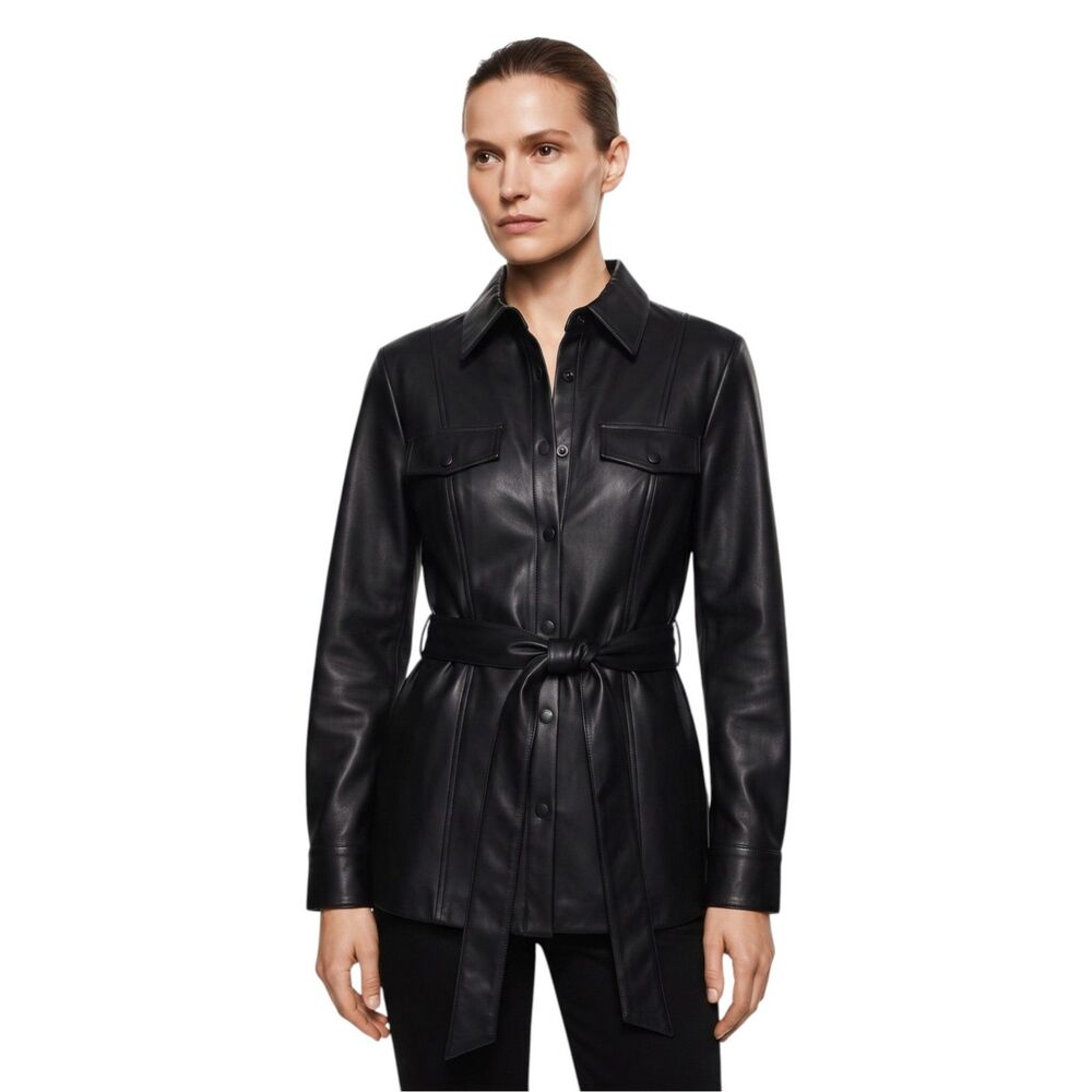Truth By Republic Faux Leather Shirt Black Snap Buttons Medium Tie Waist Soft